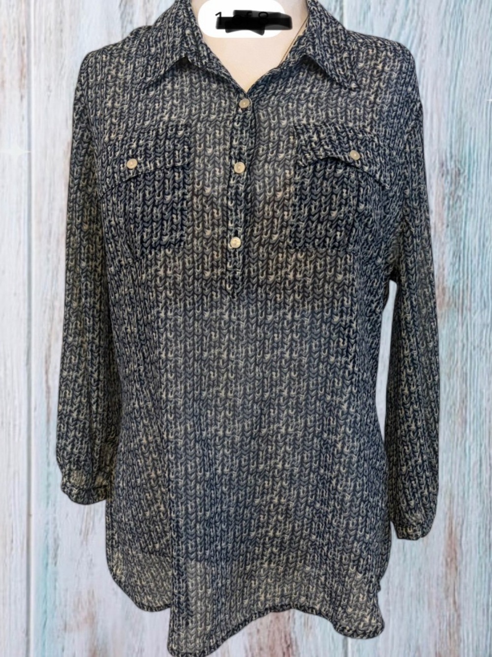 Lucky Brand Navy and White Abstract Print Blouse